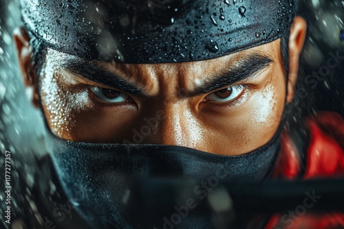 A hyper-realistic close-up of a kung fu master face, showing sweat, determination, and intense focus during combat