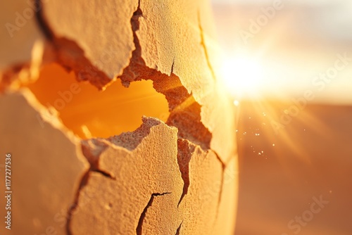 A hyper-realistic close-up of a ksar weathered mudbrick wall, showing every crack, grain, and detail under harsh desert sunlight