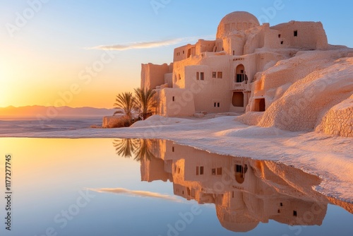 A hyper-realistic view of a ksar by an oasis, with intricate details on the mudbrick walls, clear reflections in the water, and golden desert light photo