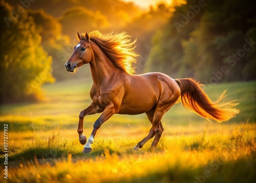 Brown Mare Galloping Across a Lush Green Meadow at Sunset - Equestrian Stock Photo