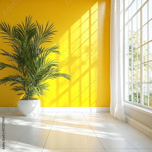 A modern yellow room corner with artistic floral wallpaper, perfect for showcasing home decor, furniture design, or product displays.
