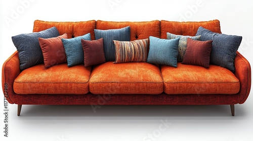 Modern Orange Sofa with Colorful Throw Pillows for Living Room photo