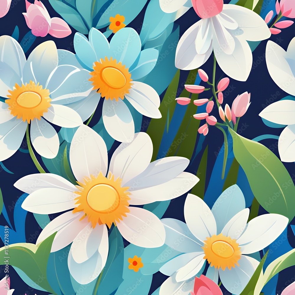 Obraz premium Seamless spring floral patterns with flowers set. Chamomile flowers on dark background print ornament design. Flowers, leaves decorative retro wallpaper background flat style illustration collection