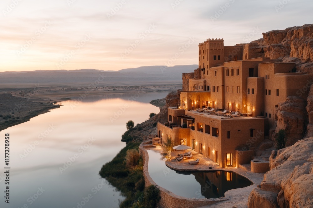 Fototapeta premium A ksar glowing in the soft light of sunset, with the oasis reflecting warm hues of orange and pink