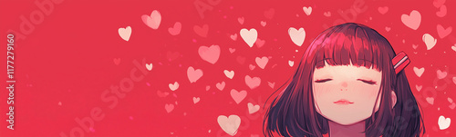 anime girl and hearts around on red background, valentine day concept, spice for text