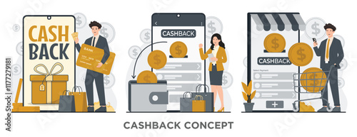 Illustration of cashback concept, showcasing instant rewards and savings for every purchase