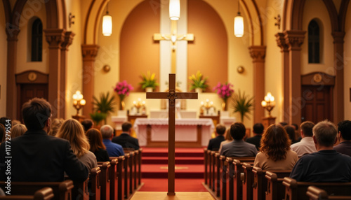 People attending a service in a church with a cross