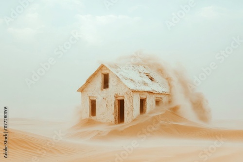 A ksar partially buried in sand after a desert storm, with its granary towers still standing tall photo