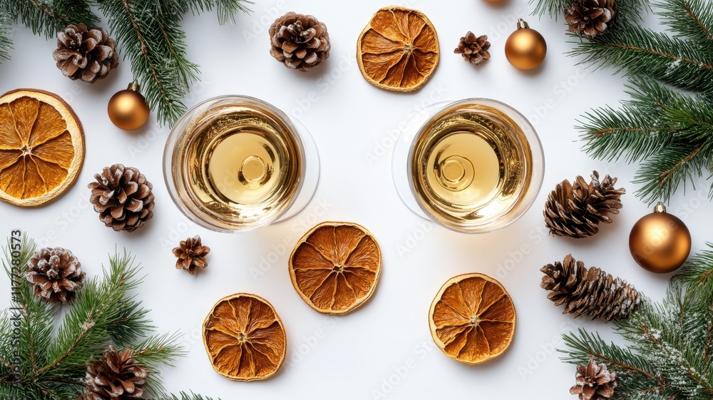 Festive holiday scene with two elegant glasses of white wine, surrounded by seasonal decorations and warm ambiance. Festive holiday scene with two elegant glasses of white wine, surrounded by seasonal decorations and warm ambiance.