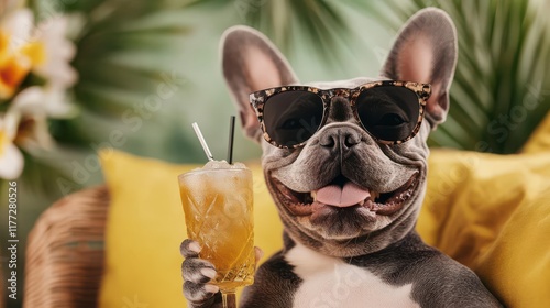French Bulldog enjoys a summer cocktail, wearing trendy sunglasses.  Pure relaxation!