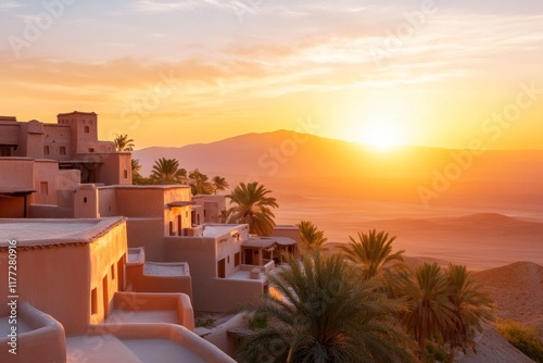 Wallpaper Mural A ksar with watchtowers, overlooking an expansive oasis filled with date palms and wildlife such as birds and camels Torontodigital.ca