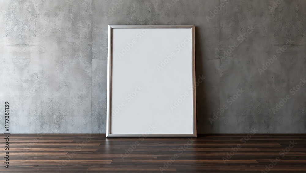 Tall blank frame against grey wall and wood floor Tall blank frame against grey wall and wood floor