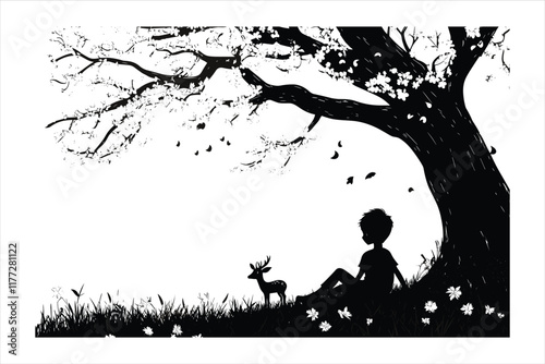 Vector silhouette of a man sitting on a tree with a cute deer standing gracefully under the tree