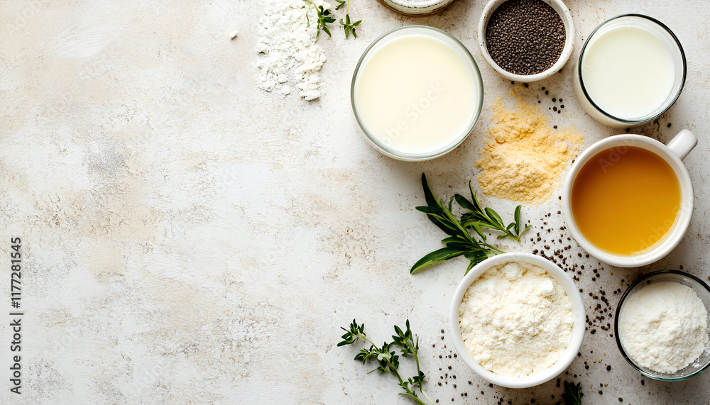 Various vegan plant based milk and ingredients, top view, copy space. Dairy free milk substitute drink, healthy eating Various vegan plant based milk and ingredients, top view, copy space. Dairy free milk substitute drink, healthy eating