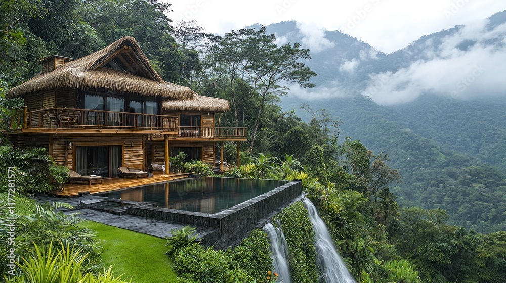 Luxury jungle villa with infinity pool overlooking misty mountain valley waterfall Luxury jungle villa with infinity pool overlooking misty mountain valley waterfall