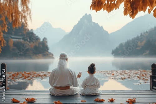 A kung fu master teaching a child the basics of a crane-style pose, with a calm lake and lotuses in the background