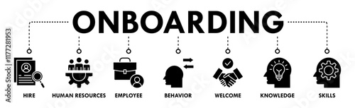Onboarding banner web icon vector illustration concept for human resources business industry to introduce newly hired employee into an organization with behavior, welcome, knowledge, and skills icon