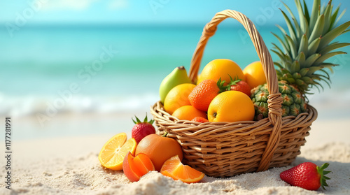 Frutas en una canasta sobre la arena junto al mar