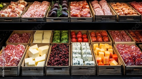A close-up shot of a contemporary grocery store shelf displaying a variety of gourmet cheeses in wooden crates and neatly stacked cured meats.