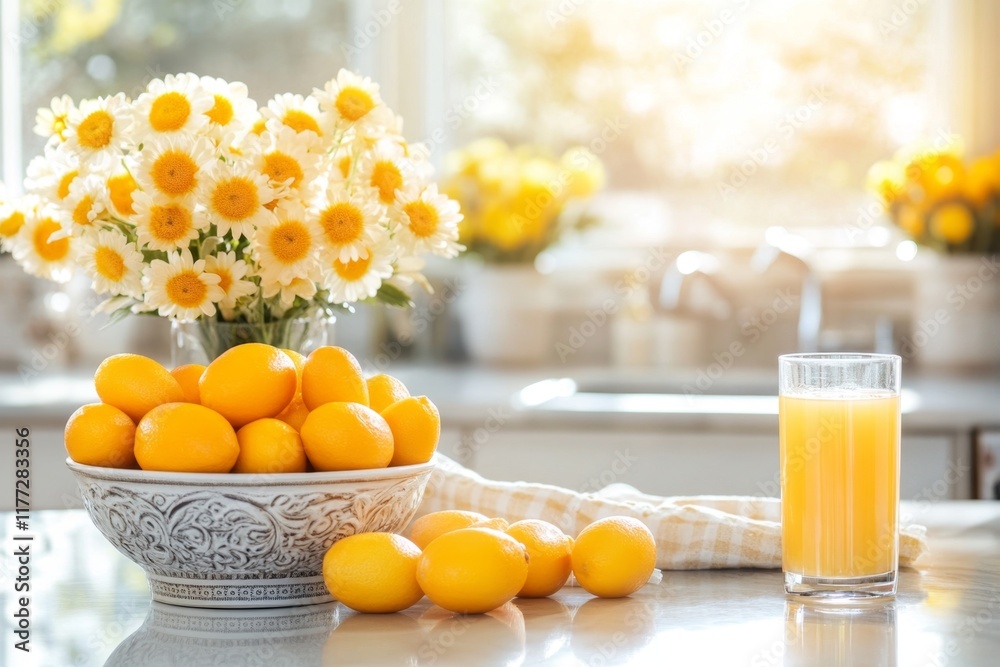 Naklejka premium A modern kitchen scene featuring kumquats arranged in a decorative bowl next to fresh flowers and a glass of juice