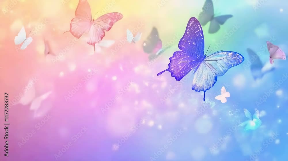 A charming rainbow background with sparkling effects, featuring a purple glow and butterflies  – AI animation, 4k video	