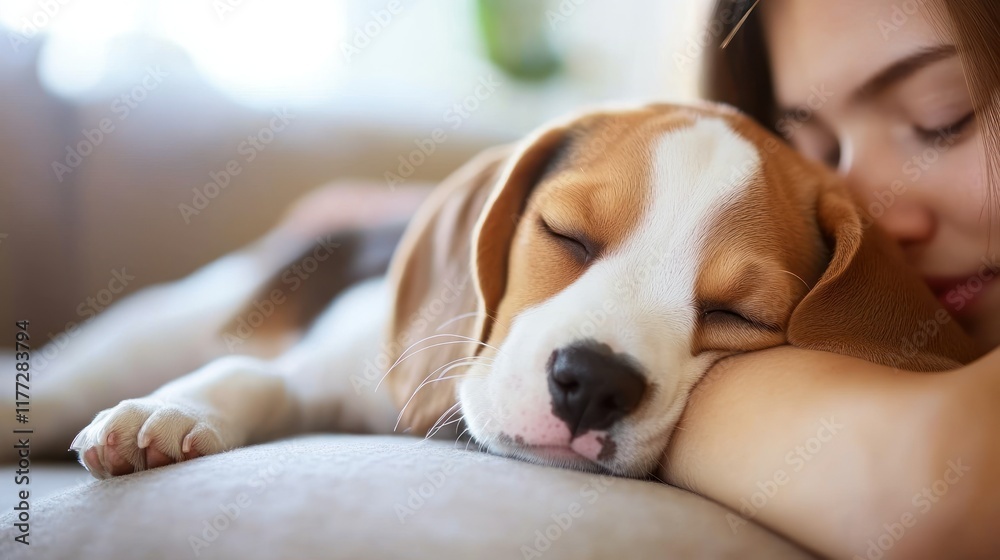 Obraz premium A peaceful moment of a person resting with a sleeping dog on a cozy couch.