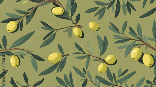 Elegant olive branch pattern wallpaper with vibrant yellow olives on a soft green background for desktop or slides