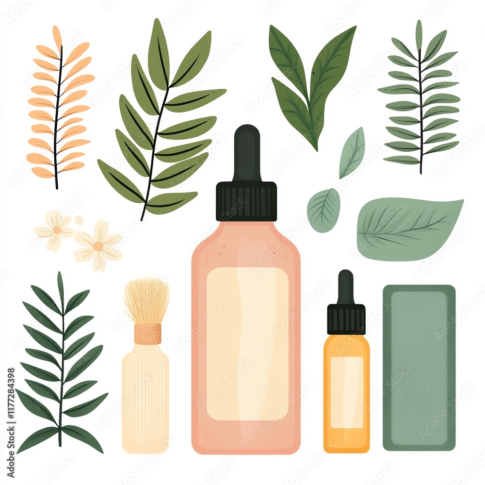 A collection of cosmetic bottles surrounded by various leaves, emphasizing a natural and botanical aesthetic. A collection of cosmetic bottles surrounded by various leaves, emphasizing a natural and botanical aesthetic.