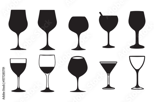 Vector icon set of utensil. cocktail  glasses , Isolated sign glass of wine on white background. Vector illustration. set of Minimalist wine glass icon silhouette