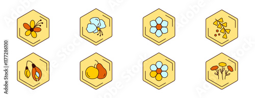 Set flower icons. Shape of hexagonal honeycomb with flowers. Theme of beekeeping, pollen, acacia wildflowers. sweet clover, calendula, chamomile.