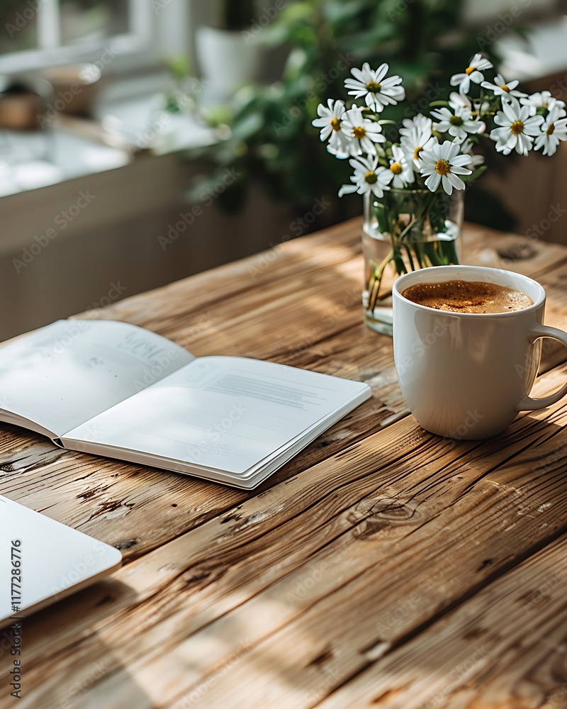 Wooden table with coffee notebook and daisies Wooden table with coffee notebook and daisies