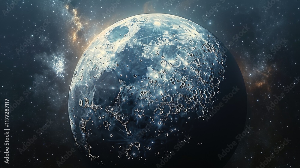 Fototapeta premium Super moon in the galaxy background. Big Blue moon with stars. Science and Astrology concept. Fantasy and Future technology concept. Nature and Planet space and Alien theme. Human living place explore