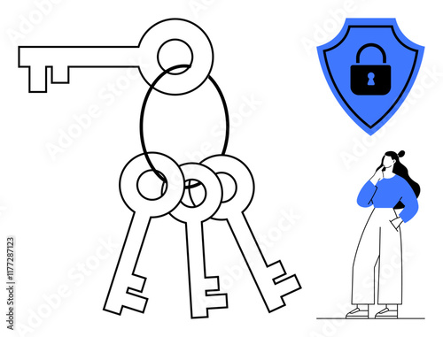 Three keys on a ring, shield with lock, and thoughtful woman suggesting access, protection, security, problem-solving, decision-making, strategy and solutions. Ideal for security concepts data