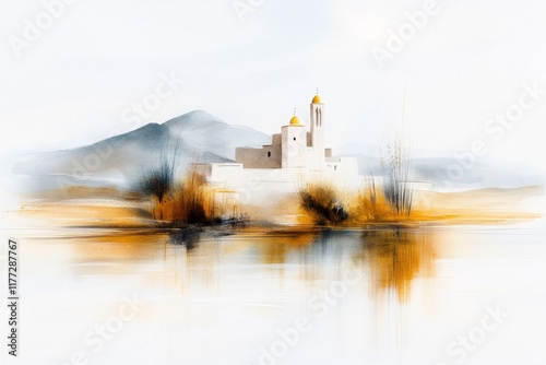 A soft watercolor painting of a ksar reflected in an oasis, with pastel tones and flowing brushstrokes capturing the tranquil atmosphere photo