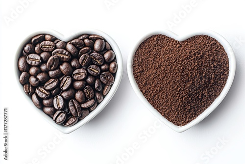 Heart-shaped bowls filled with coffee beans and ground coffee on a white background