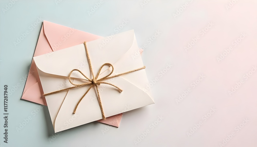 Envelope tied with twine bow mockup on pastel paper background. Minimal design for stationery Envelope tied with twine bow mockup on pastel paper background. Minimal design for stationery
