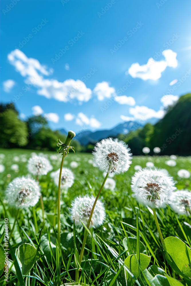 Fototapeta premium Seamless landscape of blooming flowers with bright horizon, creating infinite tilable wallpaper effect