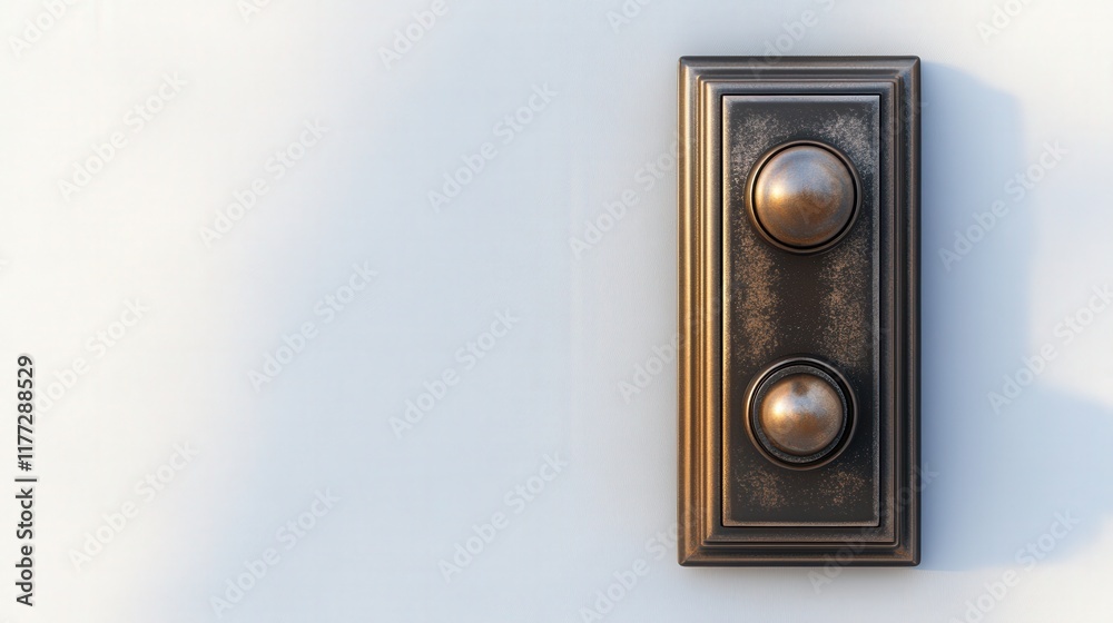 close up of a bronze push button doorbell on a white wall close up of a bronze push button doorbell on a white wall
