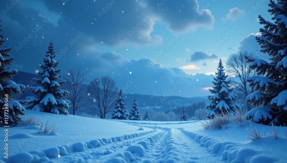 Winter evening with a frosty blue sky and snowflakes gently falling, cozy ambiance, serene scene, frosty atmosphere Winter evening with a frosty blue sky and snowflakes gently falling, cozy ambiance, serene scene, frosty atmosphere