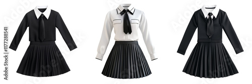 Set of A woman in a white short sleeve Peter Pan collar blouse with a cute bowknot, buttoned-down in a kawaii girls school uniform style on transparent png background photo