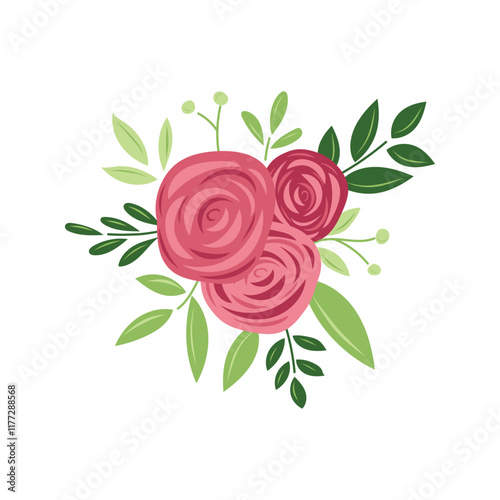 Bouquet of three red rose flowers with leaves isolated on white background. Hand drawn vector illustration in flat style. Wedding bouquet, love gift, happy Valentines day design, greeting card