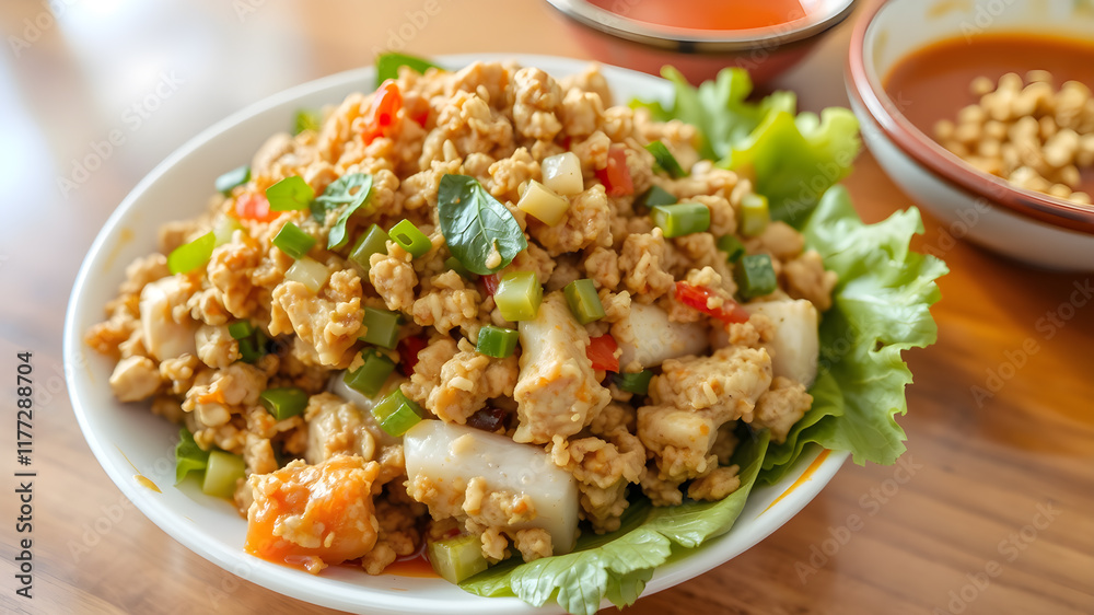 Spicy Minced Pork Salad, thai isan food, thai called Larb Moo. Generative AI
