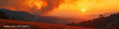 Wildfire smoke fills the air in the Flint Hills valley, casting a golden glow on the surrounding landscape, smoky haze, wildfire smoke photo