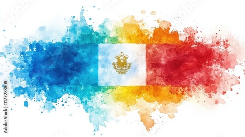 Commemoration Day Argentina Mexico flag watercolor splatter: vibrant blue, white, and red with golden emblem
