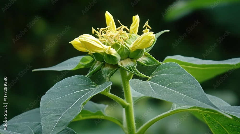 Fototapeta premium Close-Up of Yellow Sunflower Bud Surrounded by Green Leaves in Natural Setting