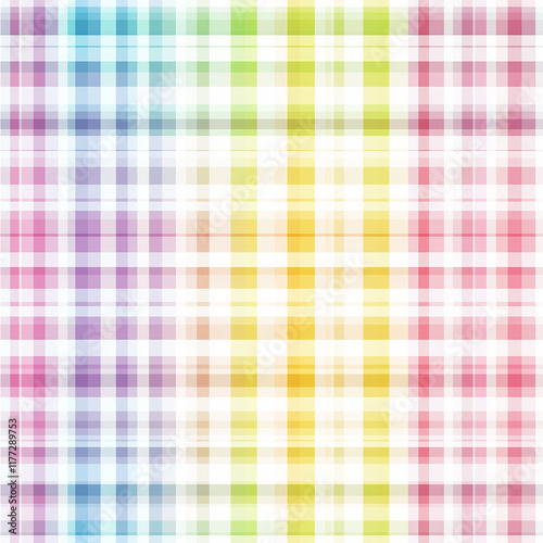 Colorful plaid pattern featuring a blend of pastel hues arranged in a grid design, ideal for textile or background applications.
