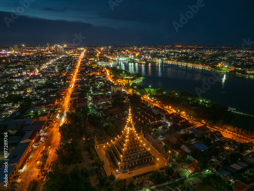 Photography Aerial view of Khon Kaen city at night.