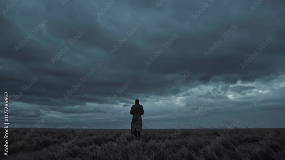 Lonely Figure Walking under Stormy Skies Lonely Figure Walking under Stormy Skies