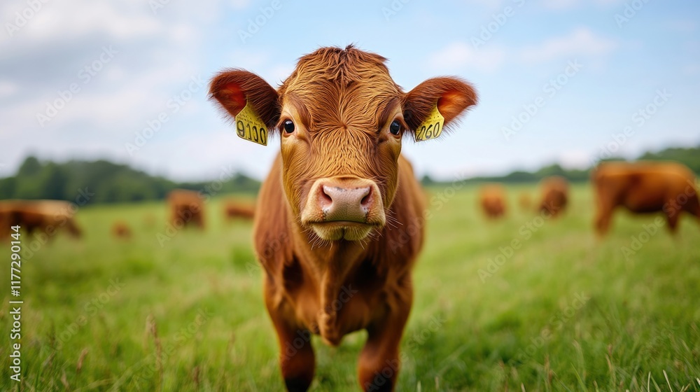 Brown calf stands in a green pasture alongside other cows under a clear sky in the countryside during a sunny afternoon