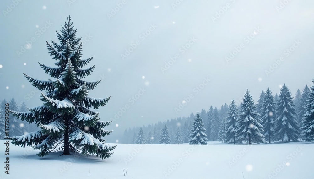 Fototapeta premium Trees stood solitary against a grey sky covered with a layer of ice and snowflakes gently falling, serene, peaceful, forest